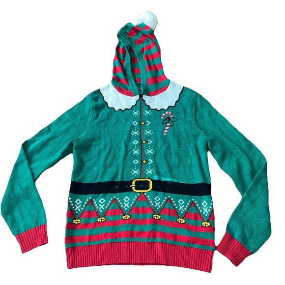 Ugly Christmas Sweater - Hooded Elf w/Pom Pom  (Medium) - Picture 4 of 9